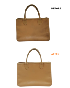 【奈良でLONGCHAMP（ロンシャン）バッグ修理】自転車タイヤで付いた黒い汚れをリカラー補修｜生駒市