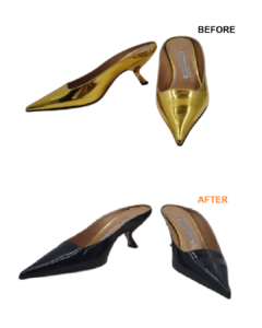 エナメルパンプスのカラーチェンジ　エナメルのパンプスをゴールドからブラック　BEFORE AFTER　ビフォーアフター