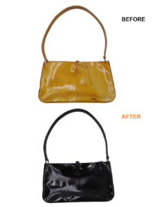 LONGCHAMP（ロンシャン）エナメルバッグの色移り・インク汚れをブラックへカラーチェンジ　BEFORE AFTER　ビフォーアフター
