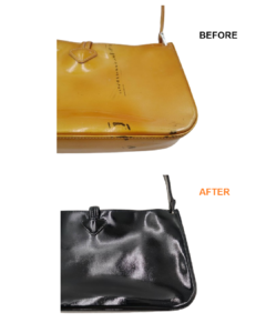 LONGCHAMP（ロンシャン）エナメルバッグの色移り・インク汚れをブラックへカラーチェンジ　BEFORE AFTER　ビフォーアフター