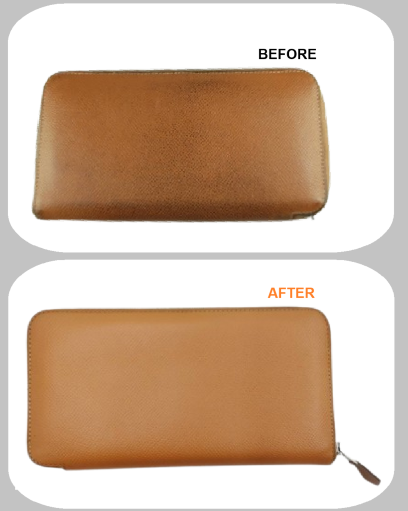 HERMES（エルメス）財布修理】アザップ ロングの汚れ・シミ・色落ちをリカラー　BEFORE AFTER　ビフォーアフター
